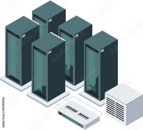 Data center server rack isometric vector illustration with network hardware and cooling system, modern cloud computing infrastructure concept for technology and hosting services