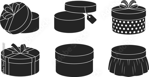 Set of black silhouettes of round gift boxes with ribbons, bows, polka dots, and tags isolated on white background for packaging