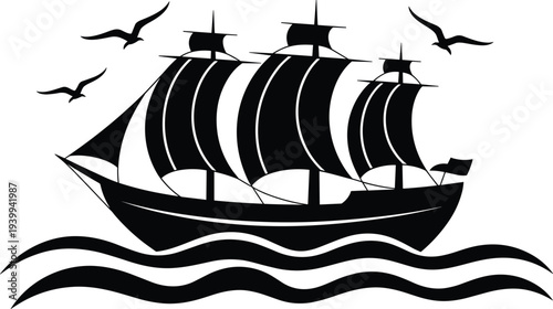Vintage sailing ship on ocean waves with seagulls silhouette vector illustration, classic nautical travel and maritime adventure concept