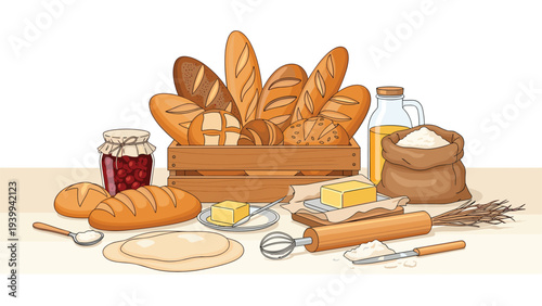 Still life arrangement features various artisan breads in a crate with baking ingredients like flour, butter, and jam on a table.