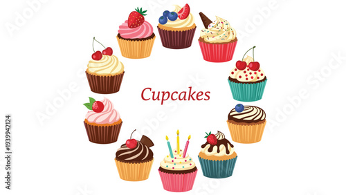 Wreath of twelve unique and colorful cupcakes with various toppings like berries and cherries surrounds the word Cupcakes.