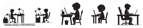 little boy playing on laptop silhouette style