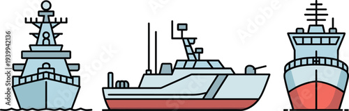 Naval warship line illustration set showing modern military ships from front and side views isolated vector style for maritime defense, navy fleet, and marine transport