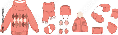 Hand Drawn Winter Clothing Set Vector Illustration with Sweater Scarf Hat Mittens Socks and Warm Accessories Collection