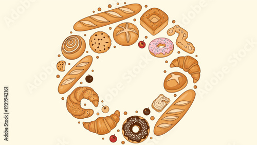 Circular arrangement of assorted breads, cookies, a donut, and cherries frames a blank center space for a bakery themed design.