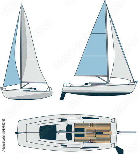 Sailing yacht illustration with side and top view showing modern sailboat design isolated nautical vessel for marine transport boating navigation and ocean travel concept