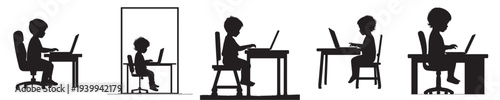 little boy playing on laptop silhouette style