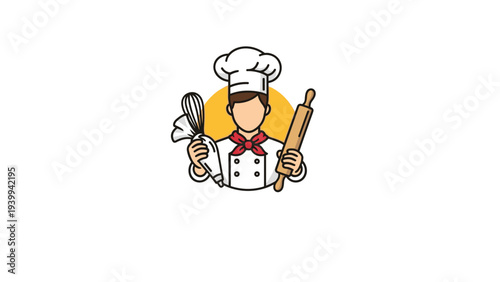 Logo features a male chef character wearing a white toque and holding a pastry bag and rolling pin against a yellow sun.