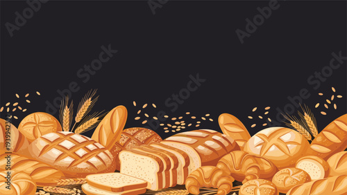 Dark background features a dense bottom border composed of various golden brown baked breads, buns, and croissants.