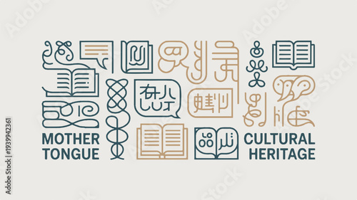Cultural heritage and mother tongue concept with symbolic icons and text on gray background