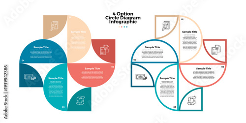 Circle chart infographic template with 4 options modern style for presentation, start up project, business strategy, theory basic operation, logic analysis. Venn diagram vector editable