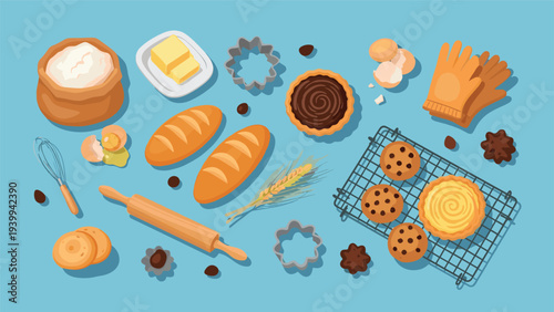 Assorted baking ingredients and kitchen utensils including flour, butter, eggs, bread, and freshly baked cookies are set on a blue surface.