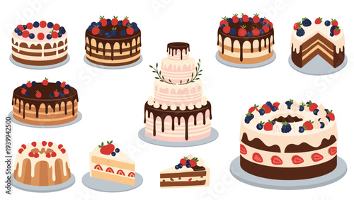 Beautiful collection of nine different types of decorated layer cakes and individual slices featuring berries, chocolate, and cream toppings.