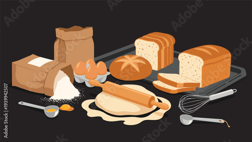 Traditional baking scene featuring fresh loaves of bread, bags of flour, a carton of eggs, and dough with a rolling pin on a dark surface.
