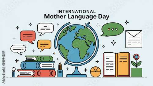 International mother language day illustration with globe books and communication symbols celebrating linguistic diversity and cultural heritage