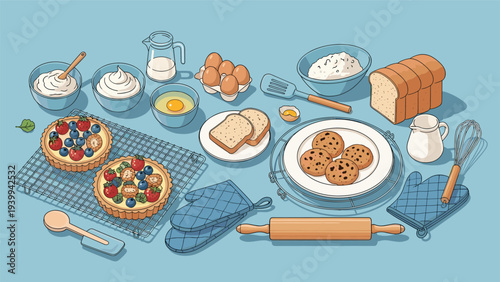 Detailed baking scene displays fruit tarts, chocolate chip cookies, fresh bread, eggs, milk, and various kitchen utensils on a blue background.