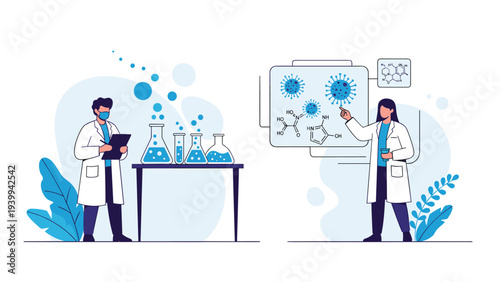 Two professional scientists in white lab coats and masks are conducting research on virus molecules in a modern laboratory setting.