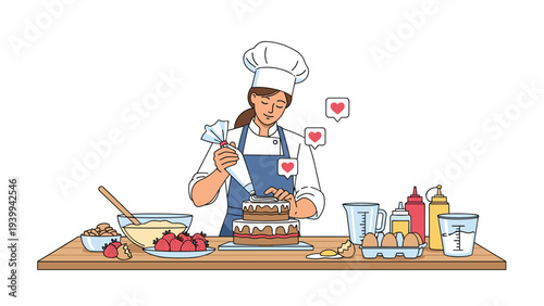 Professional female pastry chef in a uniform is carefully decorating a multi-tiered chocolate cake with white icing in a clean kitchen.