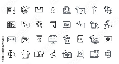 E-Learning and Online Education Line Icon Set. Course, Video, Book, Laptop, Graduation Cap
