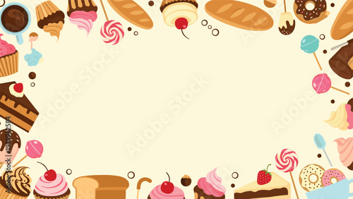 Charming border frame features an assortment of bakery goods like bread, muffins, cakes, and colorful lollipops on a soft yellow background.