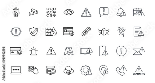 Cybersecurity Warning Line Icon Set. Security Alert, Privacy Lock, System Notification Icons