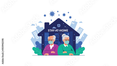 Elderly man and woman wearing protective face masks are staying safe at home during a virus pandemic in a modern city environment.