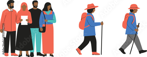 People group and hikers walking with backpacks flat vector illustration set, community lifestyle and outdoor adventure concept