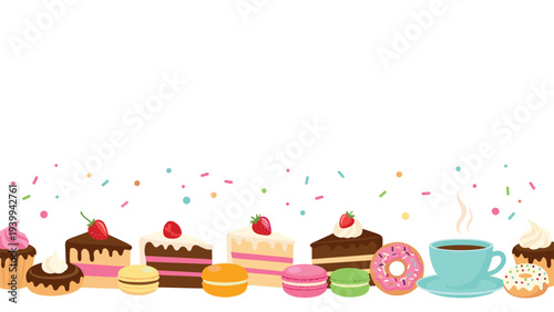 Delightful bottom border design features various decorated cake slices, donuts, macarons, and a steaming cup of coffee with colorful confetti.