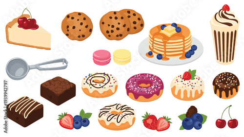 Mouth-watering collection of various desserts including cheesecake, chocolate chip cookies, stacked pancakes, donuts, and fudge brownies.