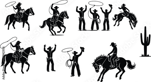 Black silhouette collection of cowboys and cowgirls riding horses using lassos and performing rodeo stunts with a cactus isolated on a white background