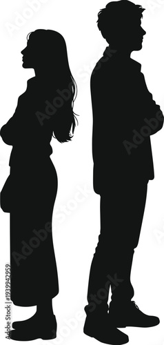 Silhouettes of man and woman back-to-back, crossed arms, conflict, disagreement, emotional distance, relationship problem, separation illustration, communication gap artwork