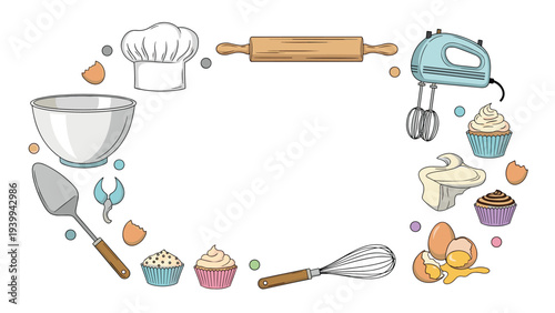 Practical border frame showcases a variety of baking tools and ingredients including a chef hat, mixer, bowl, and cupcakes.