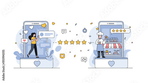 Creative concept showing online food delivery ratings with people interacting through smartphones for a five star service experience.