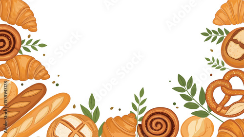 Artistic arrangement of various traditional breads and pastries decorated with green leaves to form a natural frame or border.