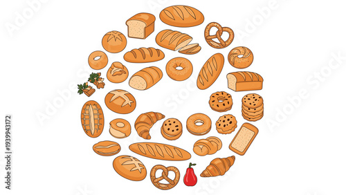 Diverse collection of bread types cookies and pastries arranged in a circular pattern for a complete bakery shop menu or logo.