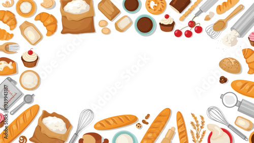 Comprehensive set of baking tools and ingredients like flour whisks and cupcakes arranged in a playful border for a recipe theme.