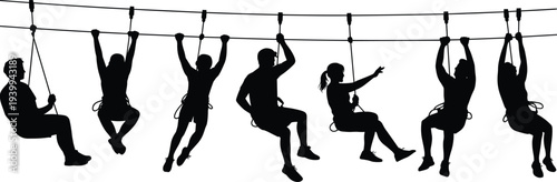 Silhouettes of people on rope course, zip line activity, adventure challenge, outdoor recreation, teamwork illustration, dynamic posture, group motion artwork