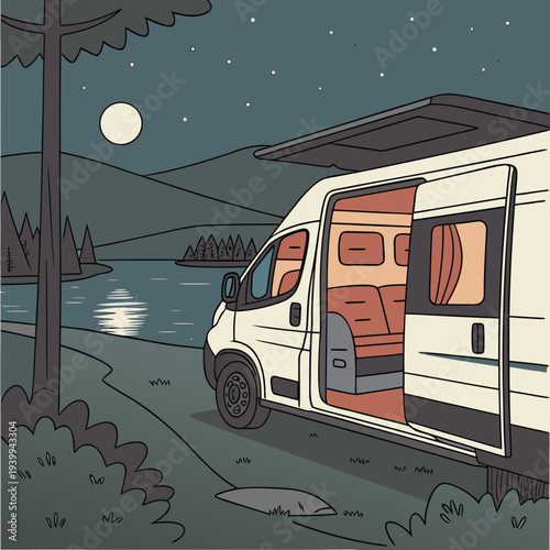 Cozy Luxury Camper Van Interior with Night Lake View and Moonlight.