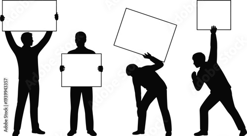 Silhouettes of people holding blank signs, protest concept, communication artwork, advertising illustration, dynamic posture, symbolic gesture, group design, message artwork