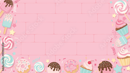 Pink brick wall background framed with a delightful variety of colorful donuts lollipops and cupcakes for a sweet shop theme.