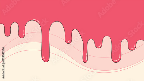 Vibrant pink liquid or fruit glaze dripping down over light pink and cream wavy patterns for a delicious dessert illustration.