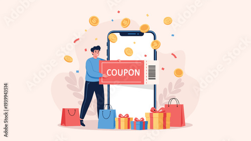 Illustration showing a man receiving a giant discount coupon through a smartphone with shopping bags and floating gold coins.