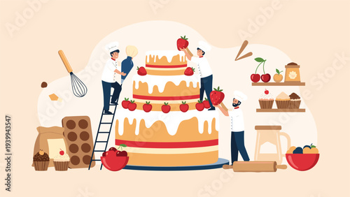 Group of small chefs working together to decorate a giant strawberry cake with fresh fruit and frosting in a creative scene.