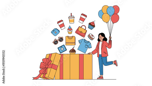 Young woman standing next to a large opened gift box with various items like clothes and cameras floating out into the air.