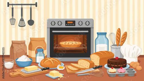 Busy kitchen scene with a fresh pie baking in the oven surrounded by various breads flour and ingredients on a wooden table.