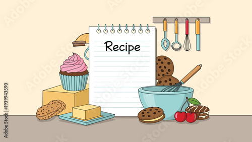 Spiral notebook with a recipe title surrounded by baking ingredients cookies and kitchen tools on a warm neutral background.