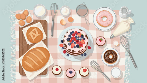 Overhead view of a baking scene with cakes, bread, cupcakes, donuts, and baking tools on a checkered tablecloth background.