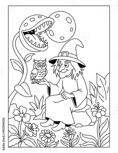 Cute Halloween Witch with Owl and Giant Venus Flytrap Coloring Page