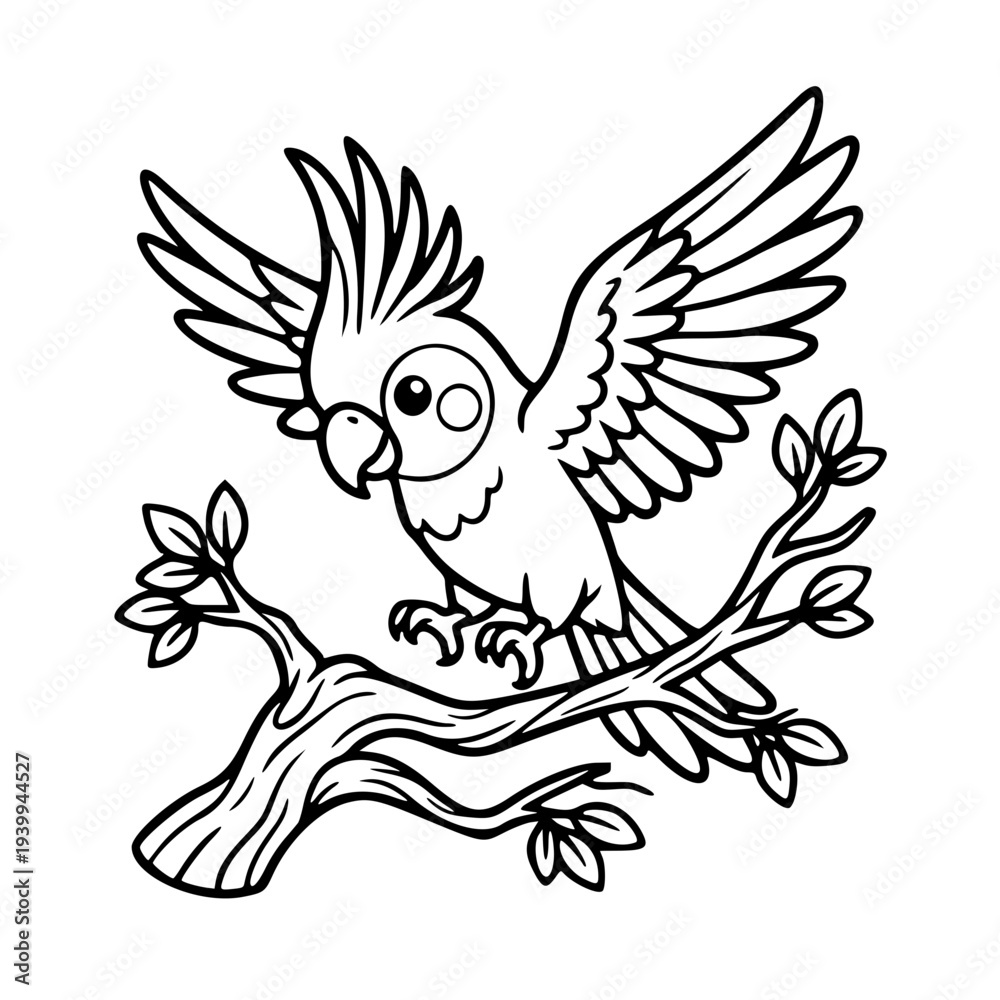 Fototapeta premium Cute Cockatiel Parrot Landing on Tree Branch – Happy Pet Bird and Tropical Wildlife Nature Minimalist Line Art Illustration