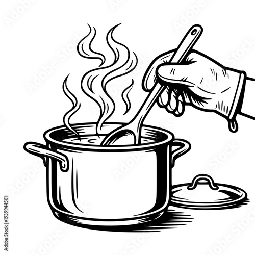Hand Stirring Hot Steaming Soup in Cooking Pot – Chef Preparing Meal with Wooden Spoon and Oven Mitt Woodcut Style Illustration